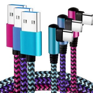 USB Type C Cable 2.1A Fast Charging: [90 Degree/6ft/3Pack] Nylon USB C Cord Right Angle Compatible with Samsung Galaxy S23/S22/9/Note 10, USB C Charger-Blue/Magenta/Purple
