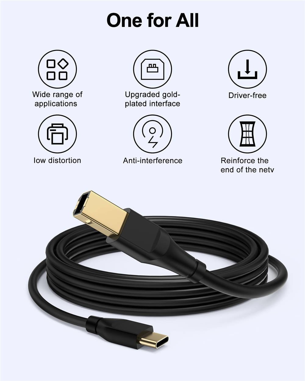 HP Printer Cable 6ft, Square USB A to USB B Cable for Printer/Scanner Epson, HP, Canon, Brother, Ethernet Print Smoothly Connect to Computer/Laptop/Pc - USB 2.0 Type B Impresora Midi Long Cord, 6 Foot - Imagen 2