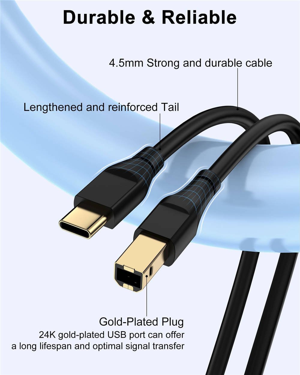 HP Printer Cable 6ft, Square USB A to USB B Cable for Printer/Scanner Epson, HP, Canon, Brother, Ethernet Print Smoothly Connect to Computer/Laptop/Pc - USB 2.0 Type B Impresora Midi Long Cord, 6 Foot - Imagen 3