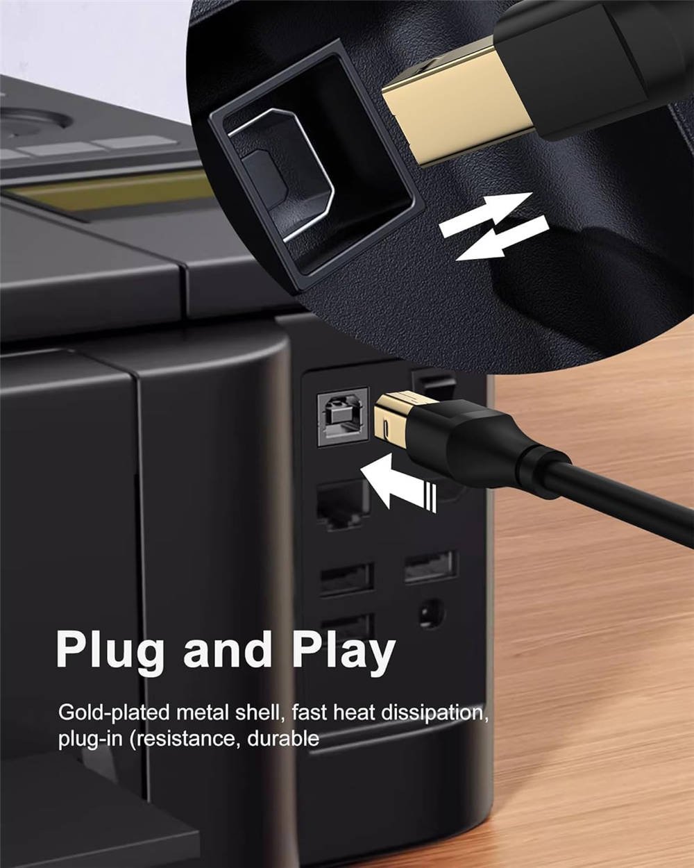 HP Printer Cable 6ft, Square USB A to USB B Cable for Printer/Scanner Epson, HP, Canon, Brother, Ethernet Print Smoothly Connect to Computer/Laptop/Pc - USB 2.0 Type B Impresora Midi Long Cord, 6 Foot - Imagen 4