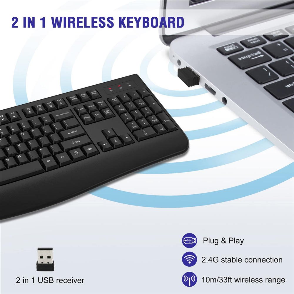 Wireless Keyboard, 2.4G Full-Sized Ergonomic Wireless Computer Keyboard with Wrist Rest for Windows, Mac OS Laptop/PC/Desktop/Notebook(Black) - Image 2