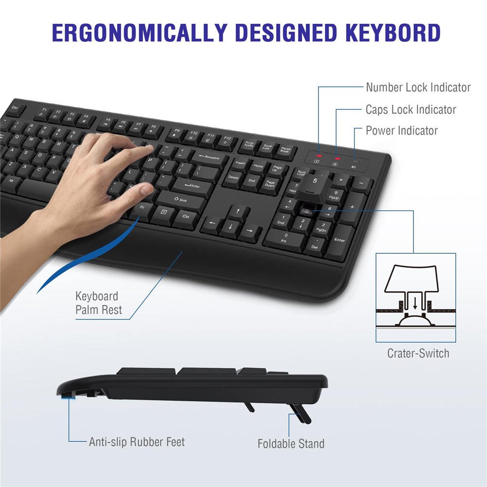 Wireless Keyboard, 2.4G Full-Sized Ergonomic Wireless Computer Keyboard with Wrist Rest for Windows, Mac OS Laptop/PC/Desktop/Notebook(Black) - Image 3