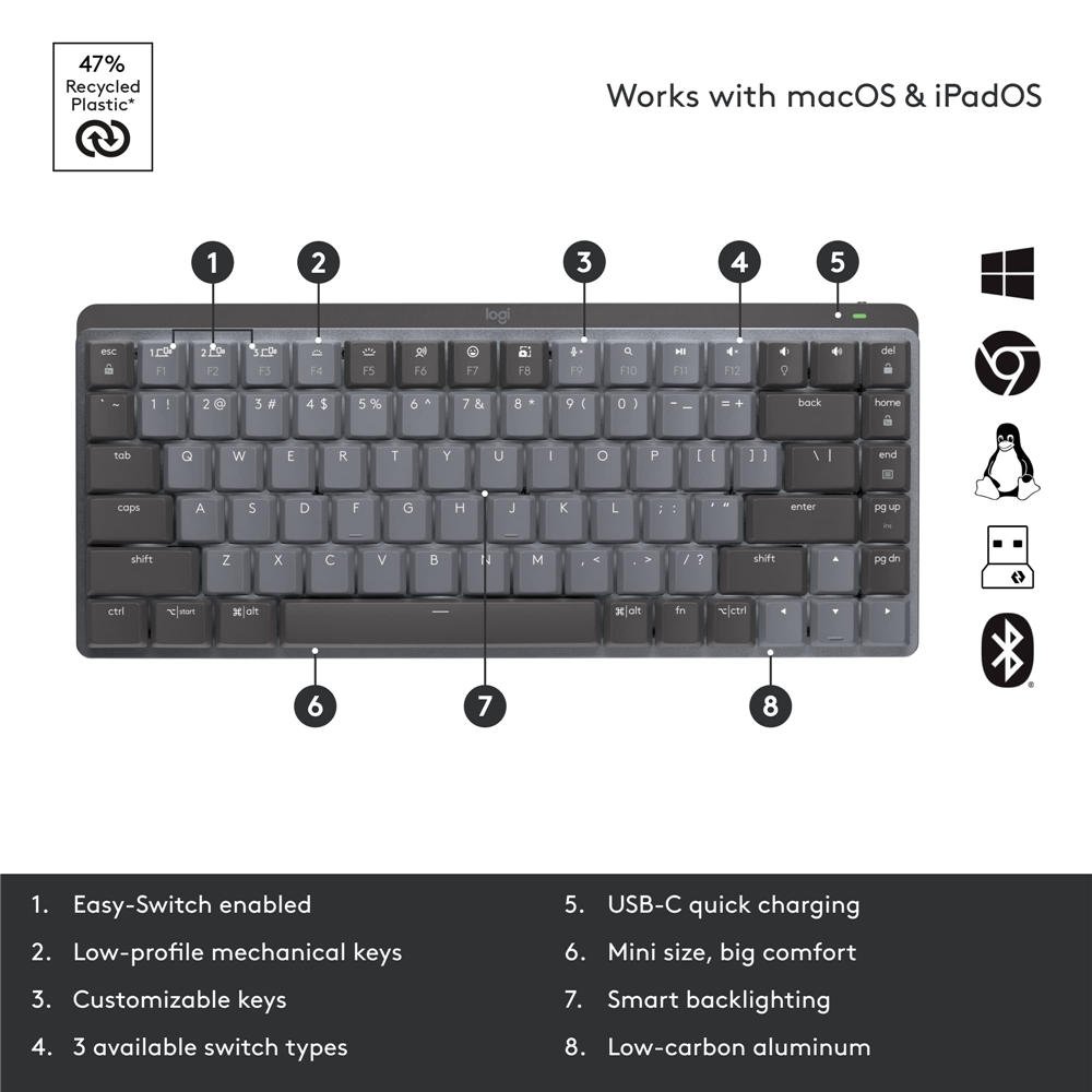 MX Mechanical Wireless Illuminated Performance Keyboard, Tactile Quiet Switches, Backlit Keys, Bluetooth, USB-C, macOS, Windows, Linux, iOS, Android, Metal, Graphite - Image 8