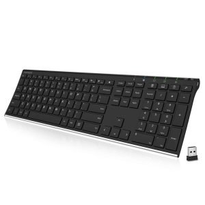 2.4G Wireless Keyboard Stainless Steel Ultra Slim Full Size Keyboard with Numeric Keypad for Computer/Desktop/PC/Laptop/Surface/Smart TV and Windows 10/8/ 7 Built in Rechargeable Battery