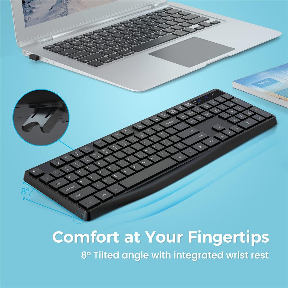 MK98 Wireless Keyboard, 2.4G Ergonomic, Computer Keyboard, Enlarged Indicator Light, Full Size PC Keyboard with Numeric Keypad for Laptop, Desktop, Surface, Chromebook, Notebook, Black - Image 2