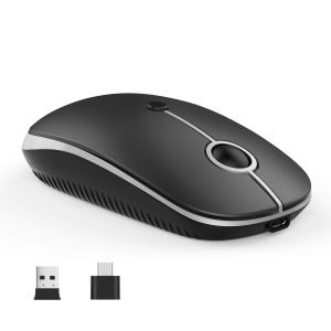 Type C Wireless Mouse, USB C MacBook Wireless Mouse Dual Mode 2.4G Cordless Mice with Nano USB and Type C Receiver Compatible with PC, Laptop, MacBook and All Type C Devices-Black and Silver