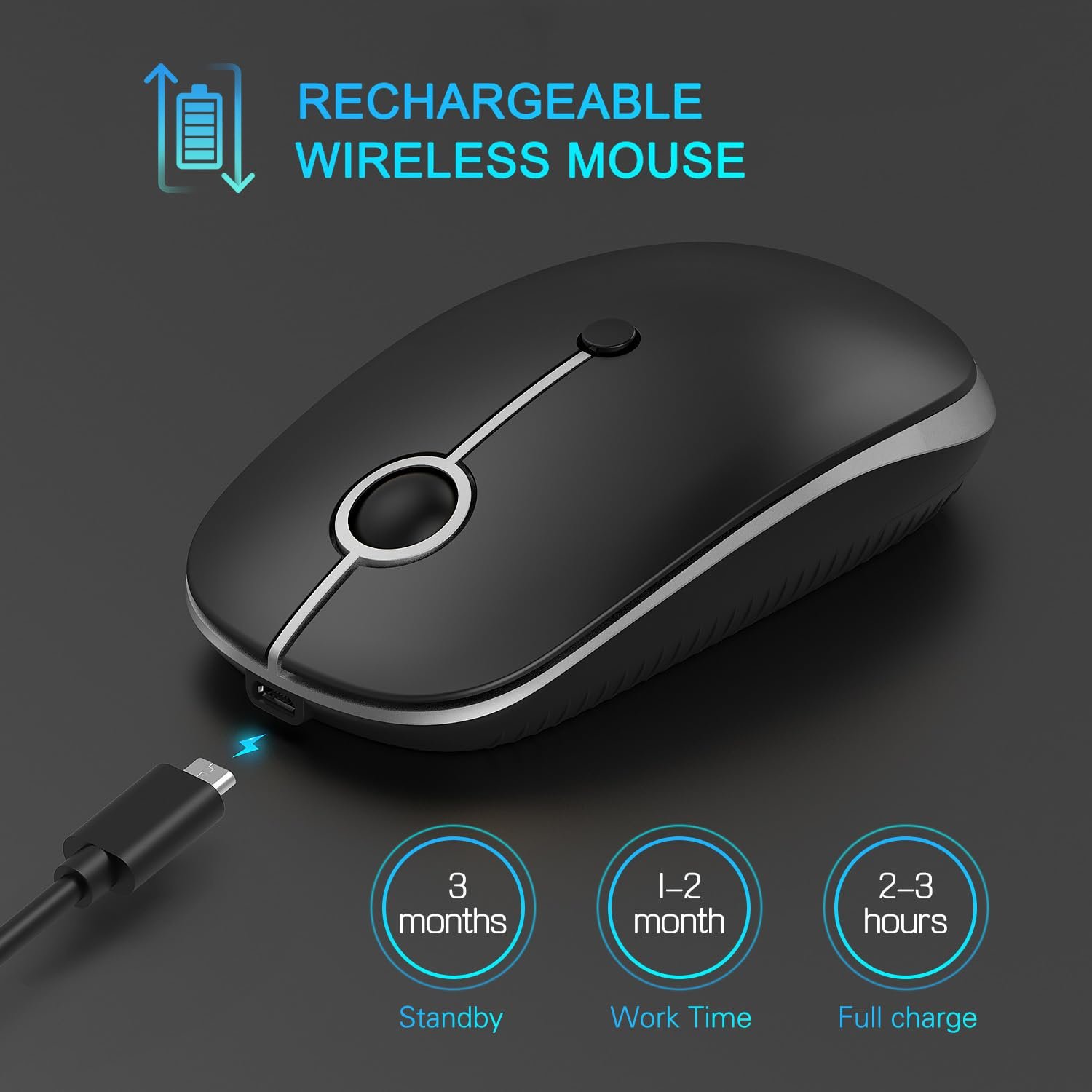 Type C Wireless Mouse, USB C MacBook Wireless Mouse Dual Mode 2.4G Cordless Mice with Nano USB and Type C Receiver Compatible with PC, Laptop, MacBook and All Type C Devices-Black and Silver - Image 7