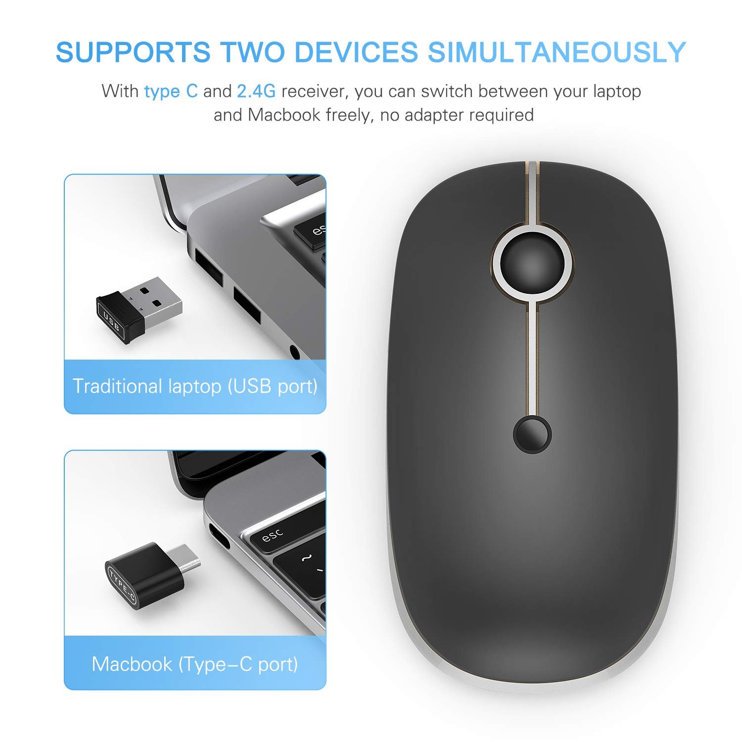 Type C Wireless Mouse, USB C MacBook Wireless Mouse Dual Mode 2.4G Cordless Mice with Nano USB and Type C Receiver Compatible with PC, Laptop, MacBook and All Type C Devices-Black and Silver - Image 6