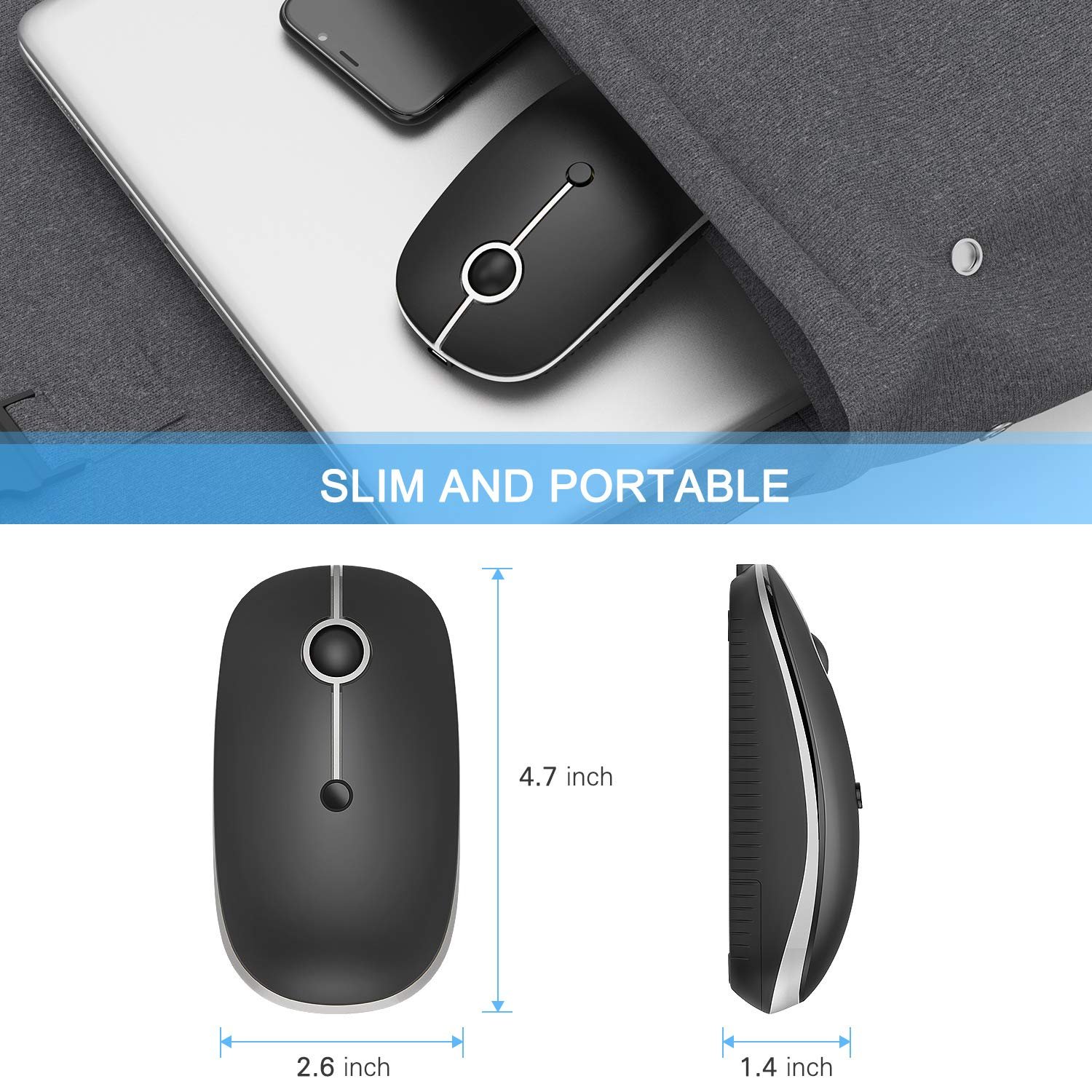 Type C Wireless Mouse, USB C MacBook Wireless Mouse Dual Mode 2.4G Cordless Mice with Nano USB and Type C Receiver Compatible with PC, Laptop, MacBook and All Type C Devices-Black and Silver - Image 4